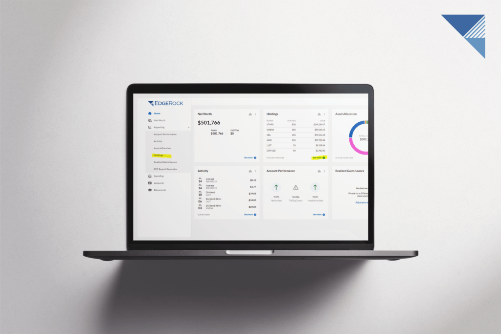 This is an example image used to demonstrate the appearance of the EdgeRock Client Portal. The displayed user is not real and the information presented on screen neither conveys an EdgeRock financial plan nor a performance expectation.