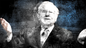 Abstract image of Warren Buffett set atop financial news stories with "Buffett Indicator" headlines.