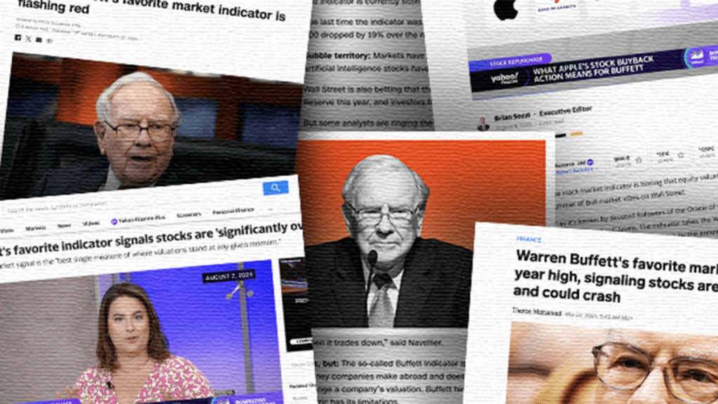 Collage of web articles connecting Buffett Indicator to inevitable market crash.
