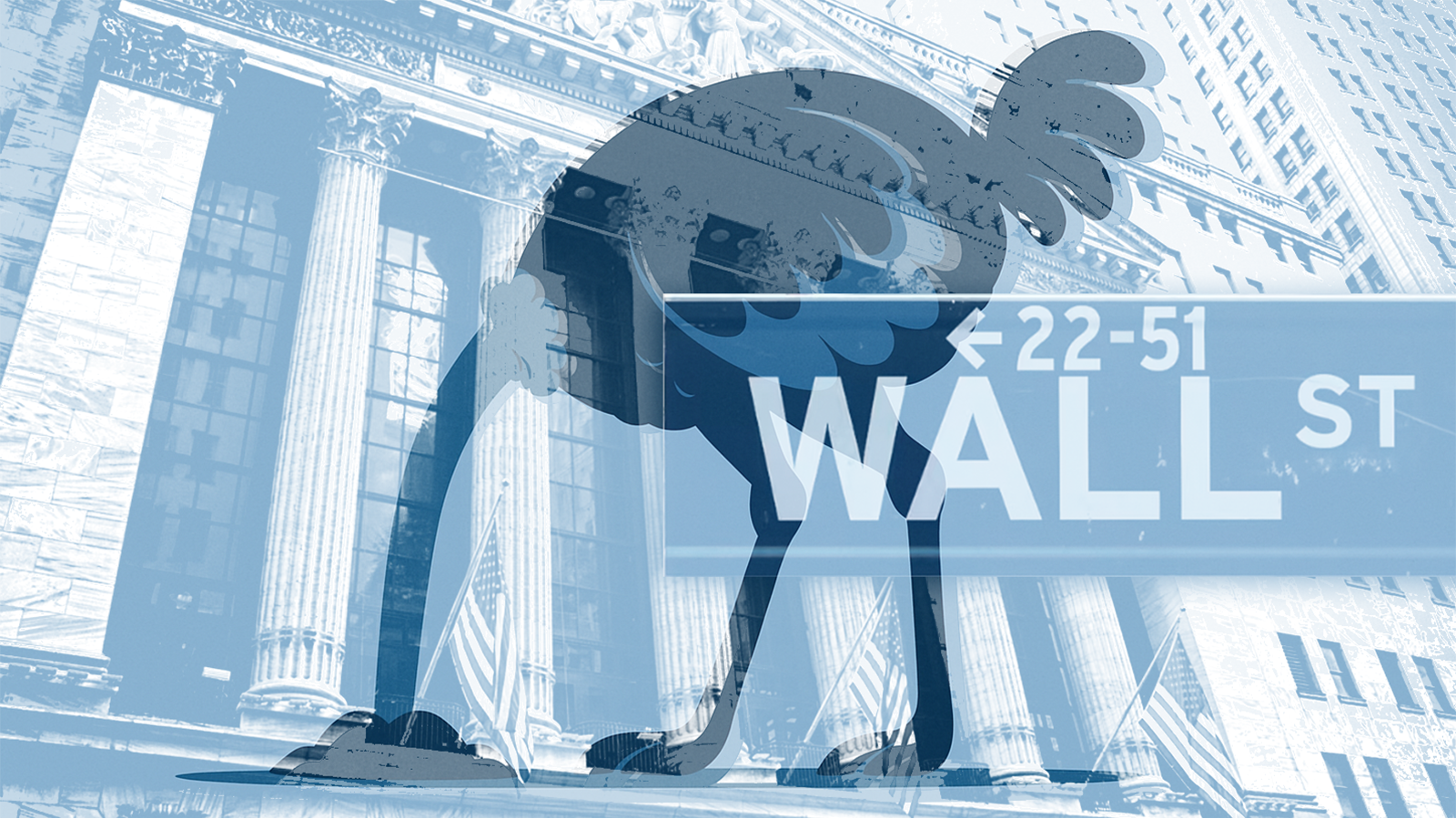 Image of an ostrich on Wall Street hiding its head in the sand.
