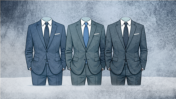 Three empty suits standing side-by-side
