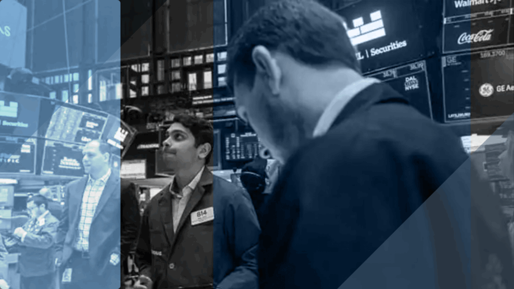 Stock traders at the NYSE with blue overlay