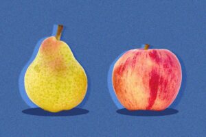 A pear and an apple, side-by-side, in comparison.