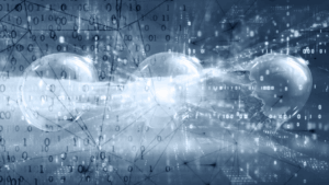 Image of a bubble slowly bursting against a texture of ones and zeros