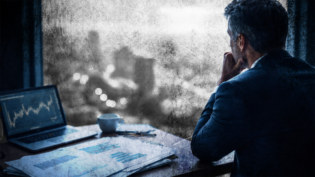 Man sits at a desk, computer suggests stock market results, stares out window with worry