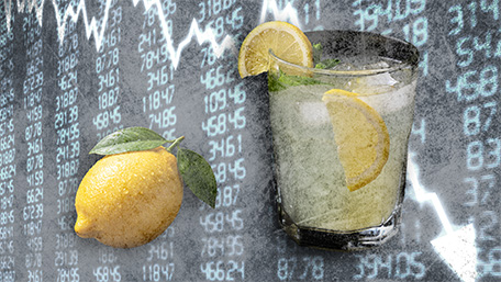 Image of a lemon turning into lemonade amid a downmarket
