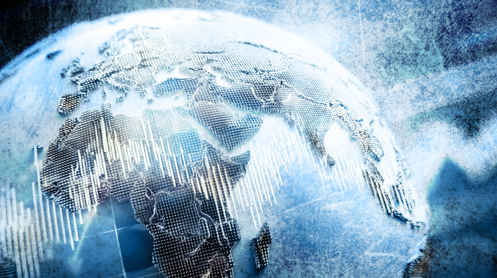 Image of the globe overlayed stock performance indicators