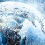 Image of the globe overlayed stock performance indicators