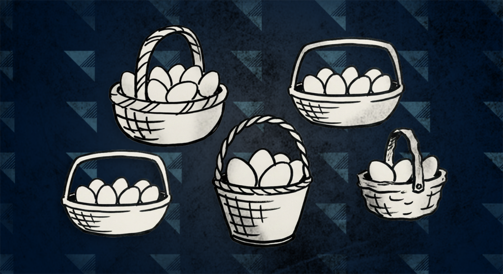 Image of five different baskets of eggs representing risk management.