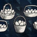 Image of five different baskets of eggs representing risk management.